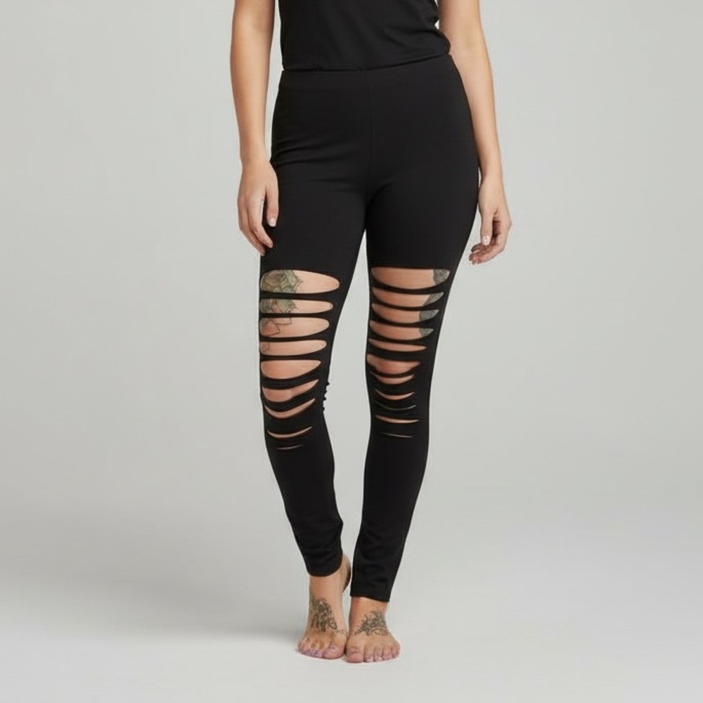K Too Black Cutout Slashed Knee Stretch Leggings Pants L